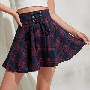 Romwe Tartan Lace Up High Waisted Skirt